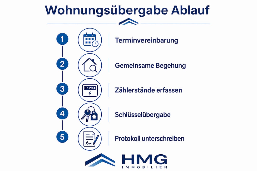 Die Infografik veranschaulicht den Ablauf einer Wohnungsübergabe Schritt für Schritt.