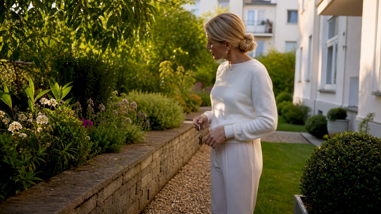 Eine Frau prüft, ob der Garten als Sondereigentum gilt.
