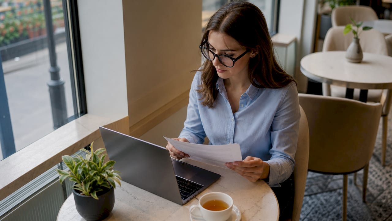 Eine Frau prüft im Büro ihre Kontoauszüge und vergleicht die Zahlen mit den Angaben auf ihrem Tablet.