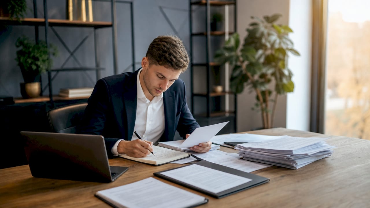 Immobilienexperte sortiert Unterlagen und bringt Ordnung in seine Dokumente.