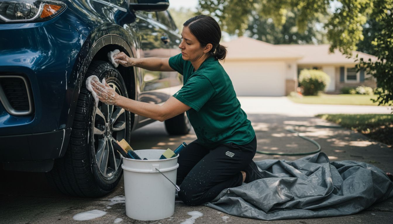 Applying clay bar to car fender outside