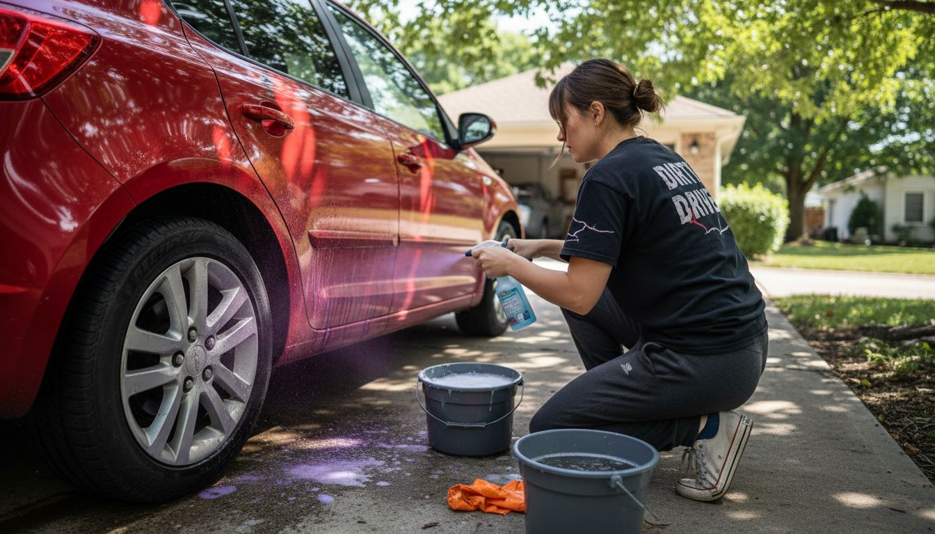 Woman decontaminating vehicle surface outdoors