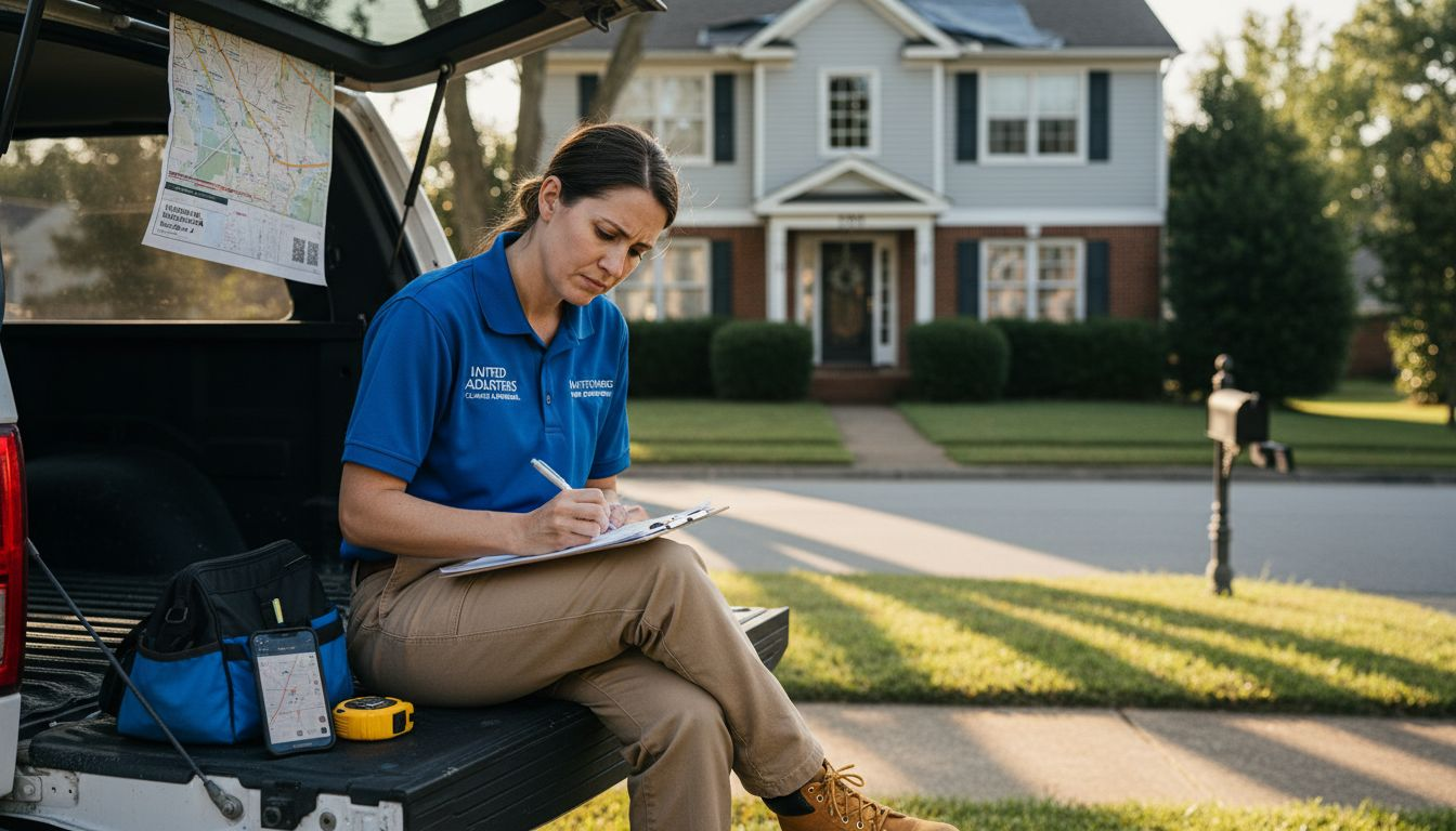 Adjuster inspecting property damage outdoors