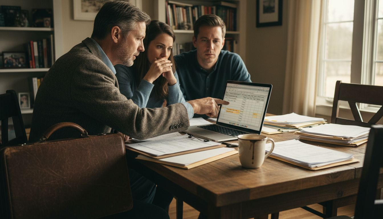 Adjuster and clients reviewing insurance claim files