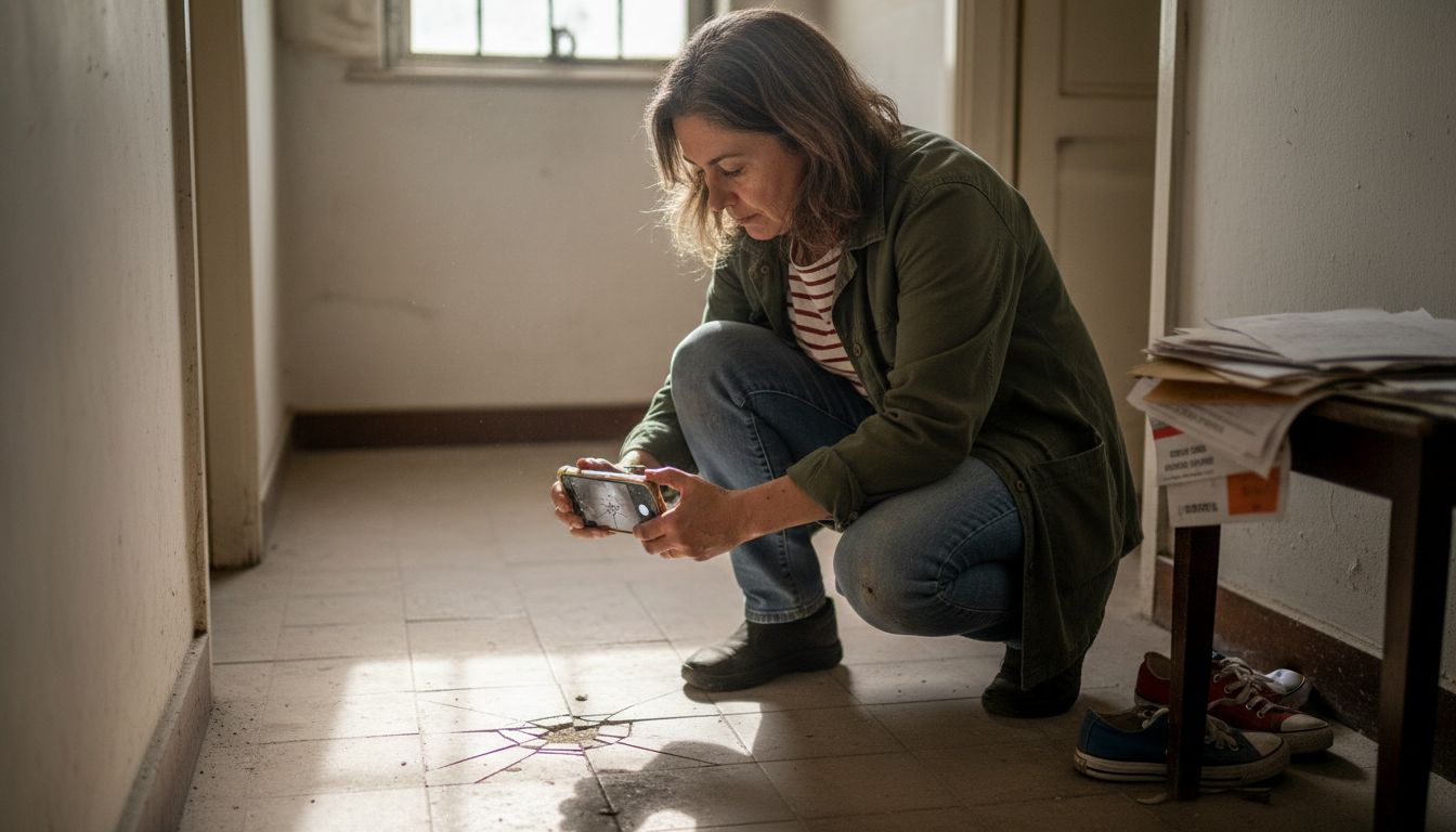 Mujer tomando fotos de una baldosa rota en el suelo