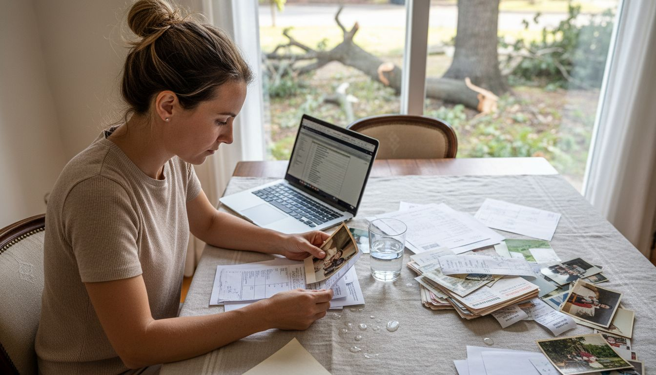 Mujer revisando y preparando papeles para presentar una reclamación por daños