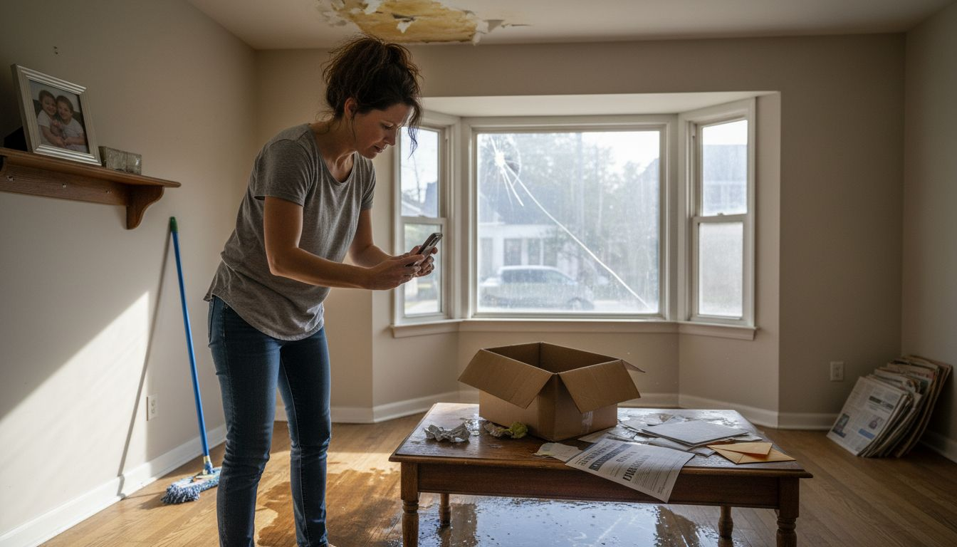 Homeowner documents storm damage in living room