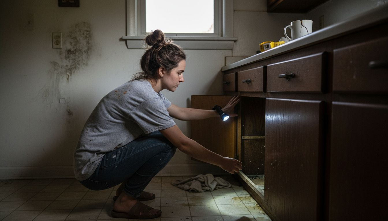 Una mujer revisa una mancha de humedad en la pared de la cocina.