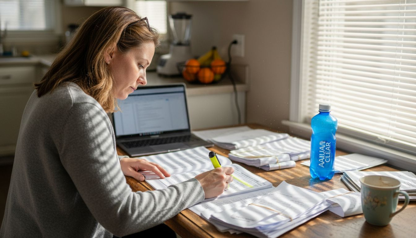 Adjuster reviewing insurance policy at kitchen table