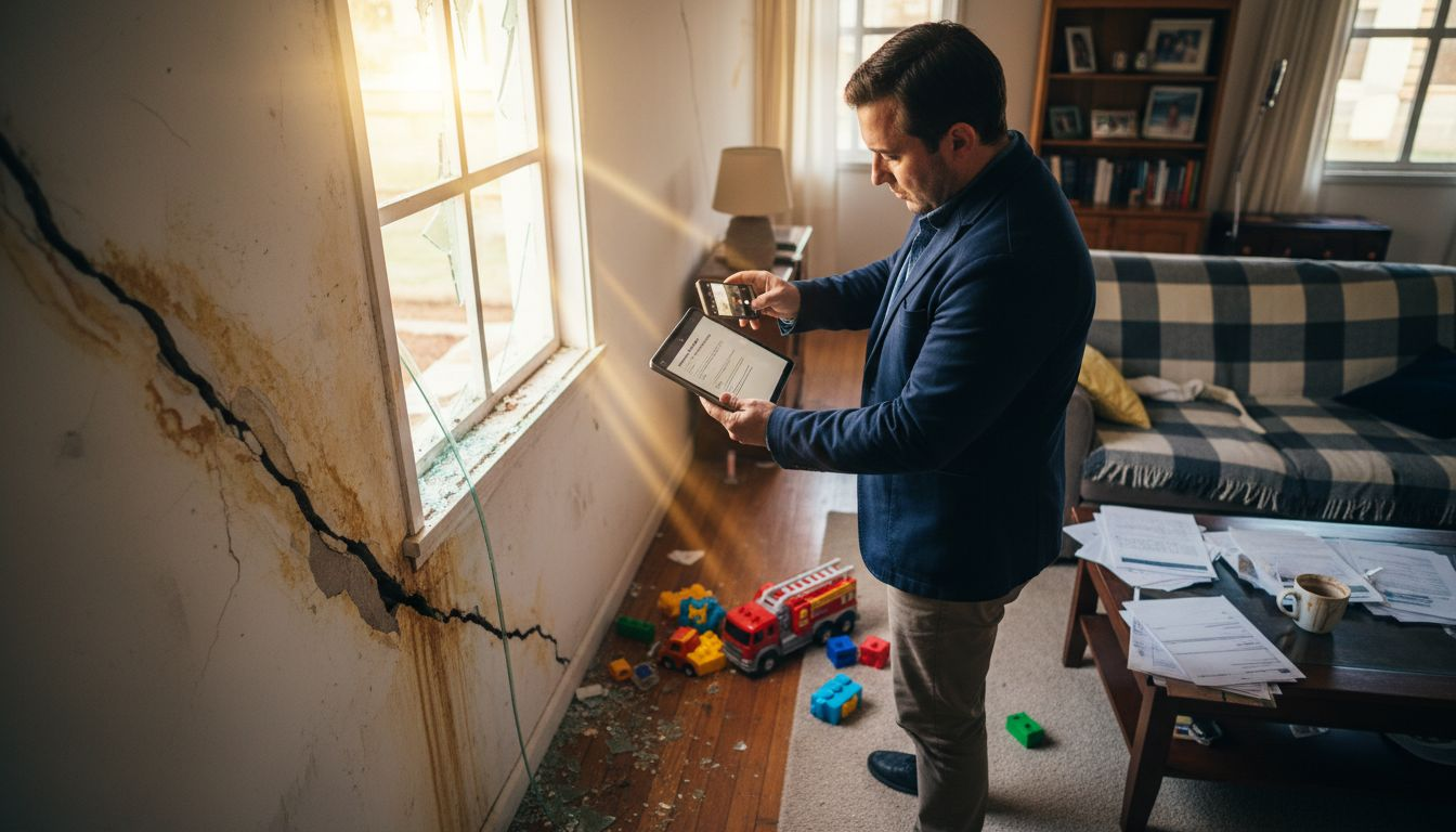 Perito documentando con fotografías los daños en una casa familiar