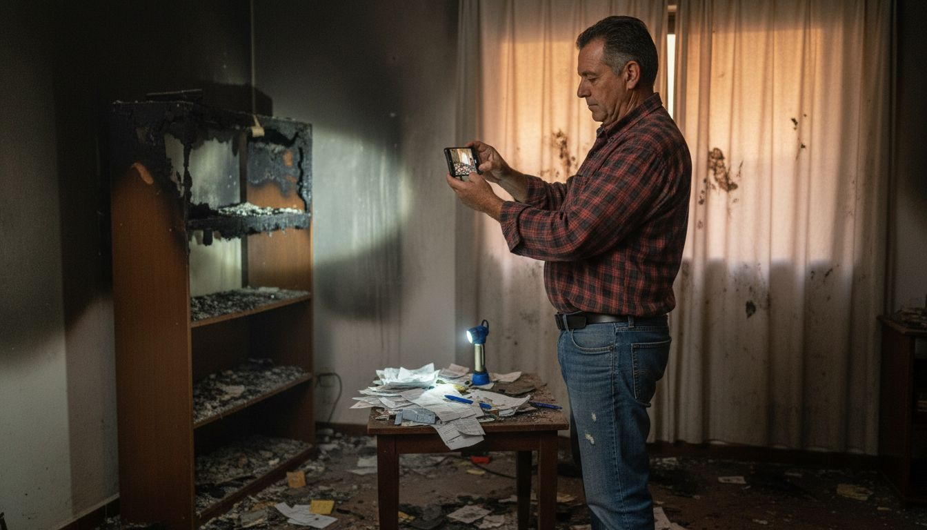 Un hombre registra los daños ocasionados por un incendio en su vivienda