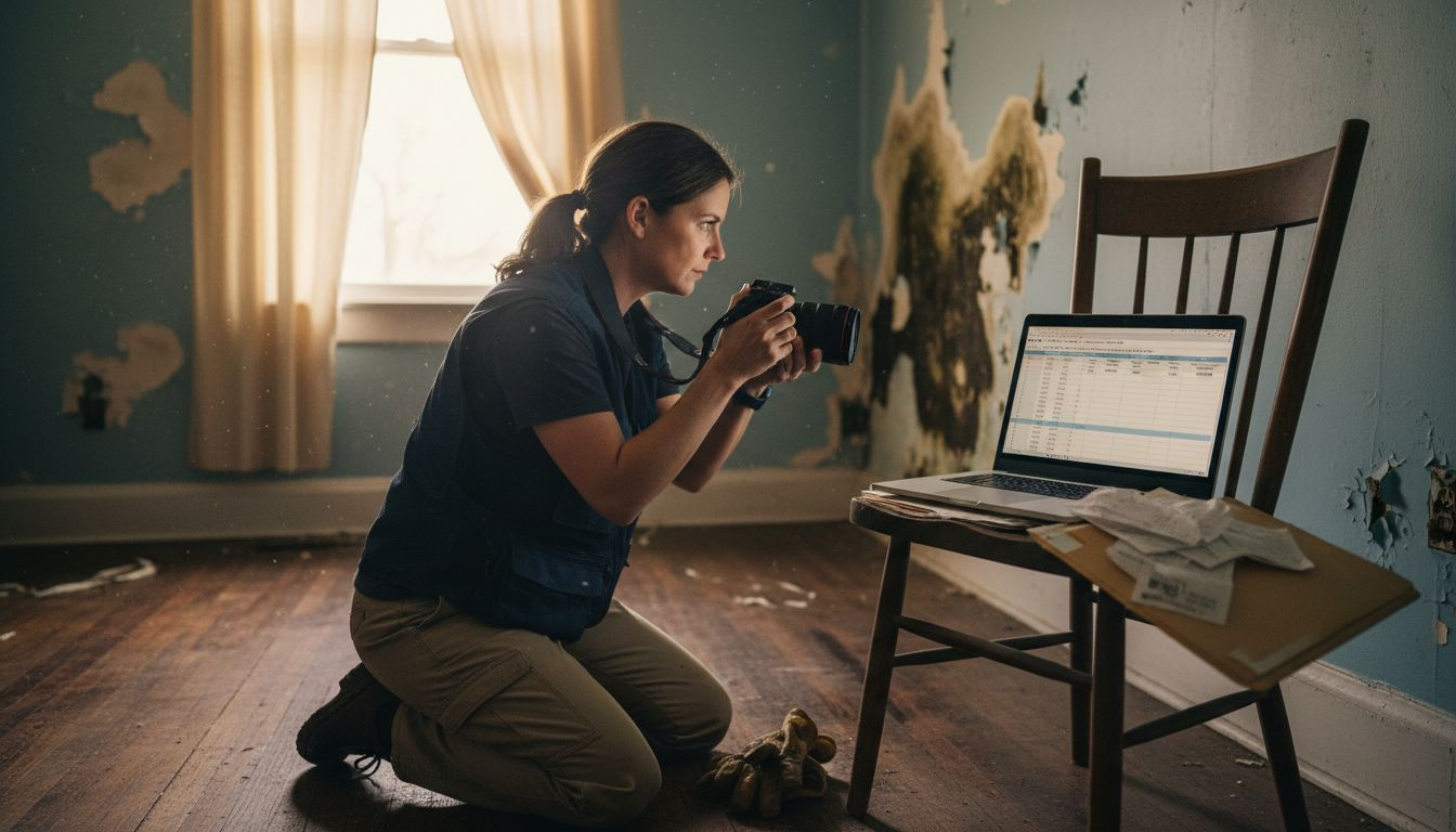 Adjuster documenting water damage in living room