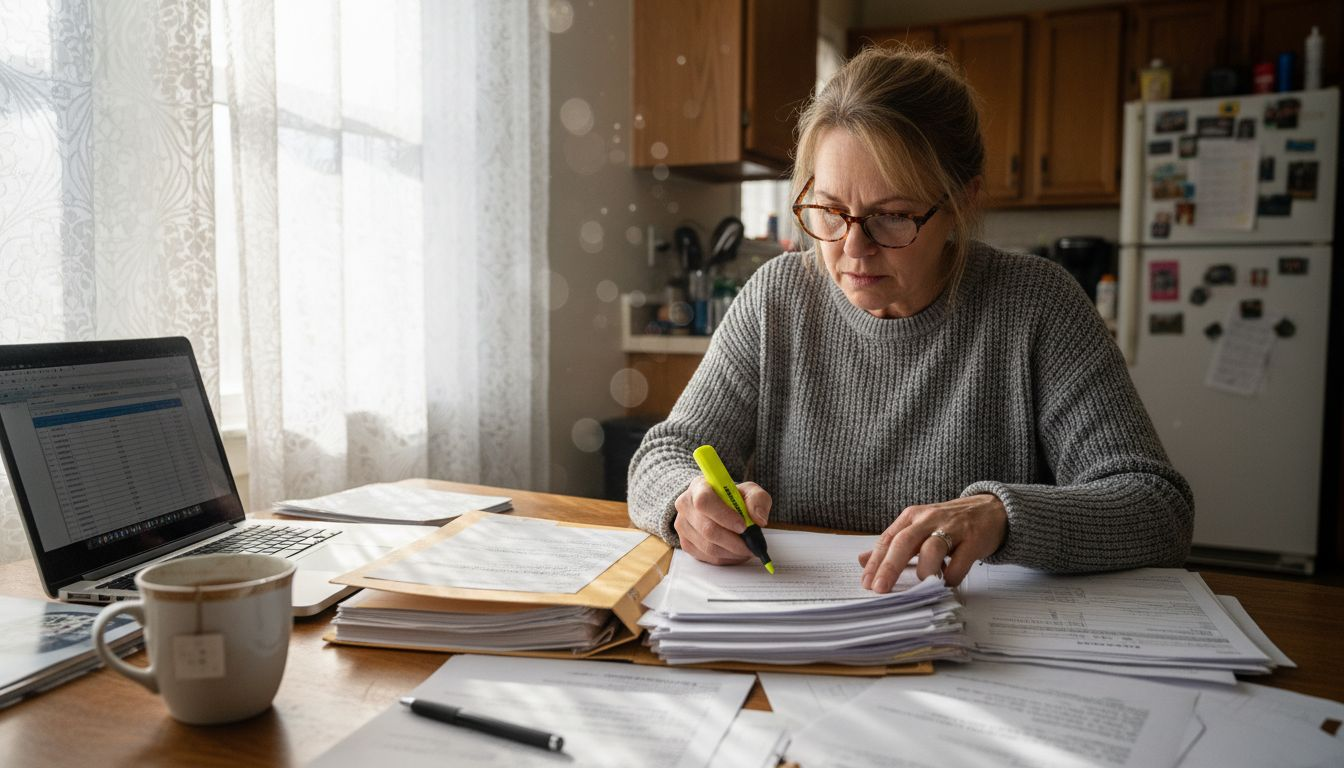 Sorting insurance documents at kitchen table