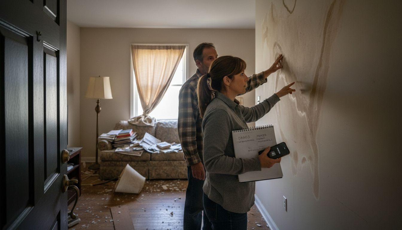 La perito de seguros revisa los daños junto al dueño en la vivienda afectada.