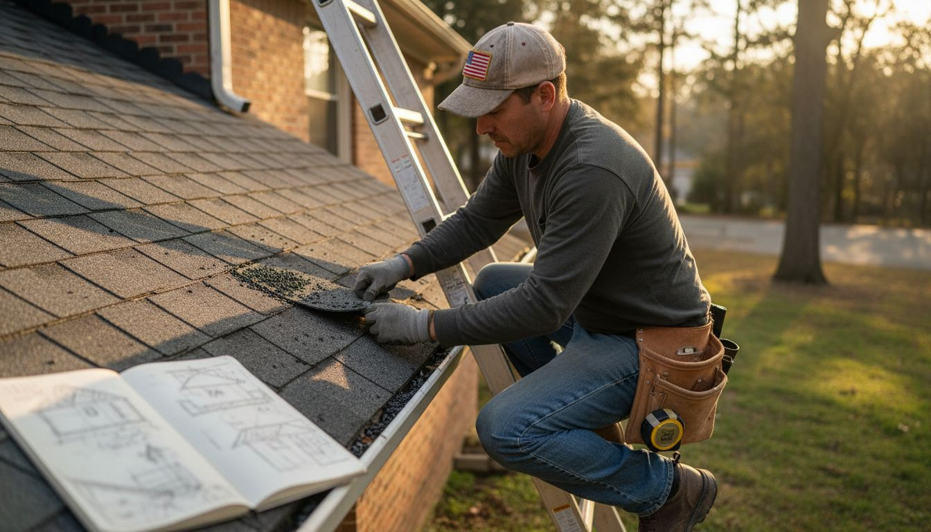 Roof inspector examining hail-damaged shingles