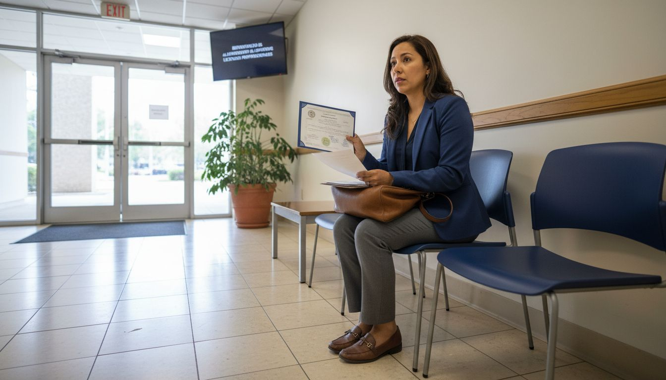 Ajustadora pública revisando su licencia en una oficina gubernamental