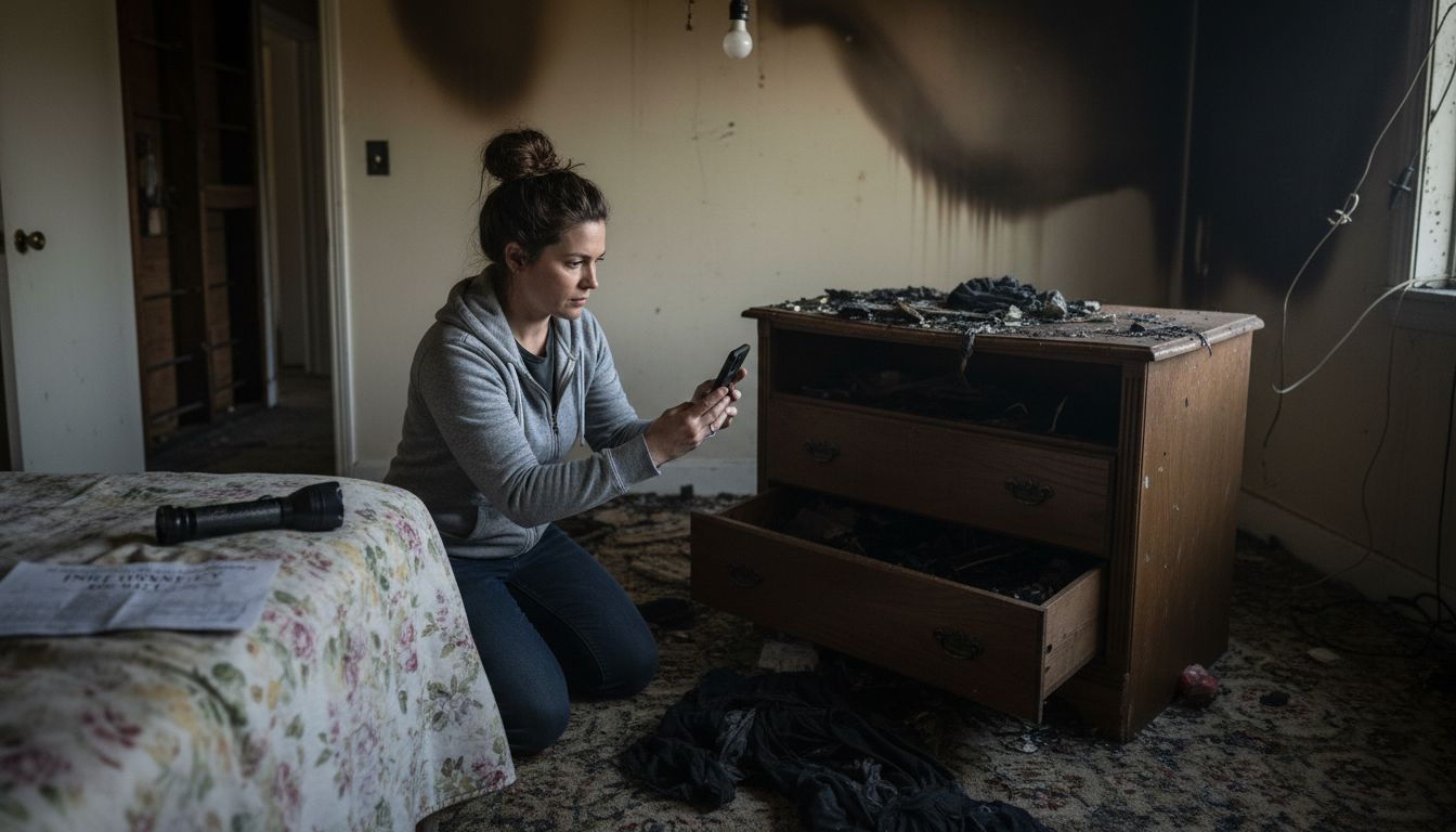 Woman photographing fire-damaged bedroom for insurance