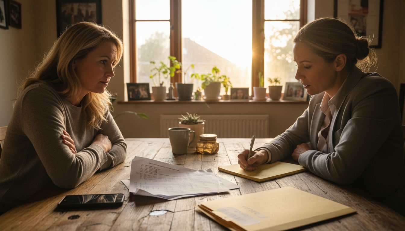 Adjuster discussing settlement at kitchen table