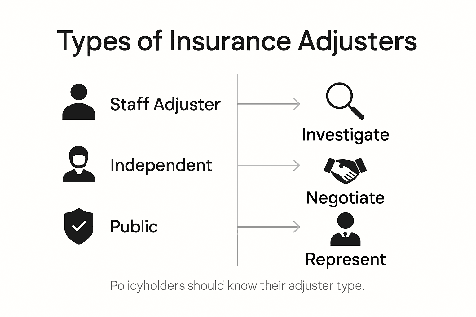 Infographic comparing insurance adjuster types and roles