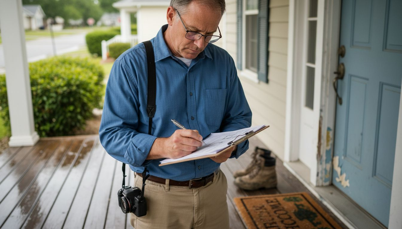 Insurance adjuster inspecting exterior home damage