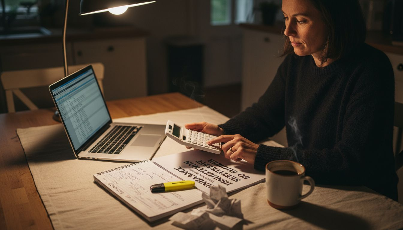 Woman calculating insurance settlement at kitchen table