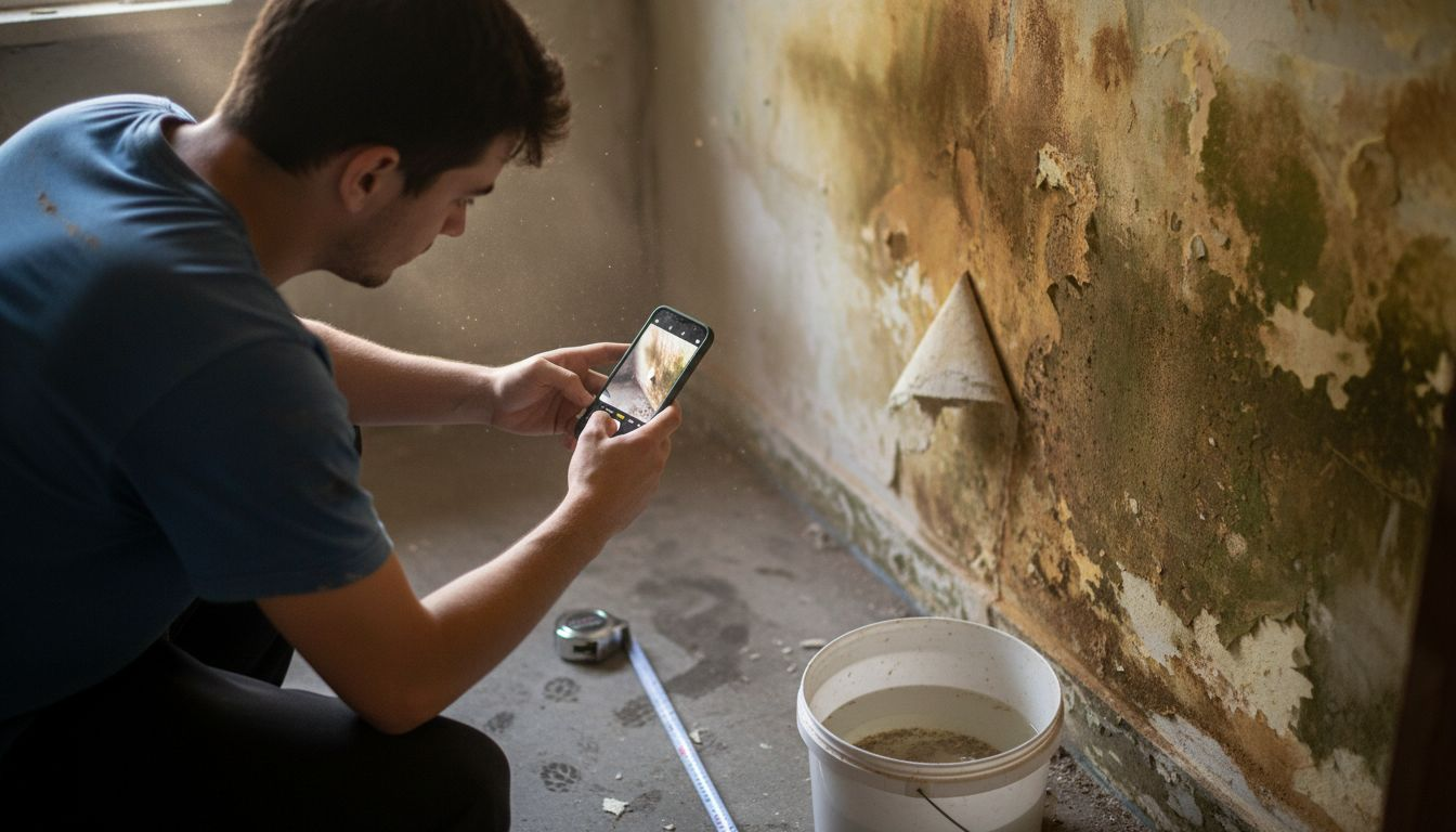 Un hombre toma fotos de los daños por humedad en la pared.