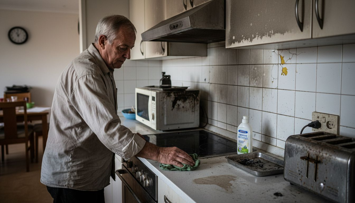 Una persona limpia los restos de humo que quedaron en la cocina tras un incidente.