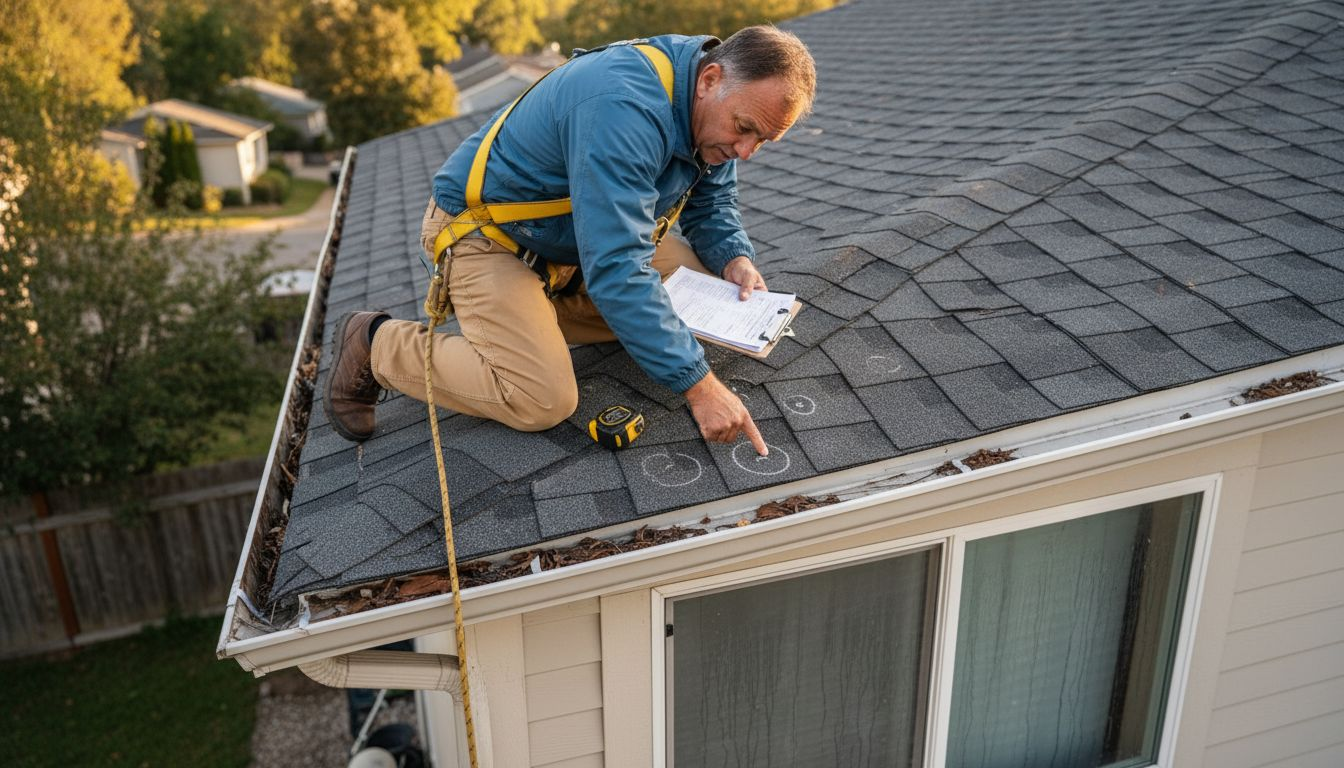Insurance adjuster inspecting hail-damaged roof