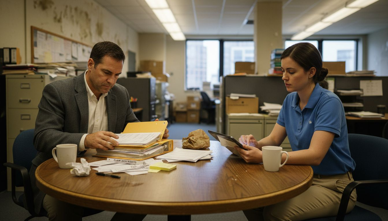 Two insurance adjusters review claim documents