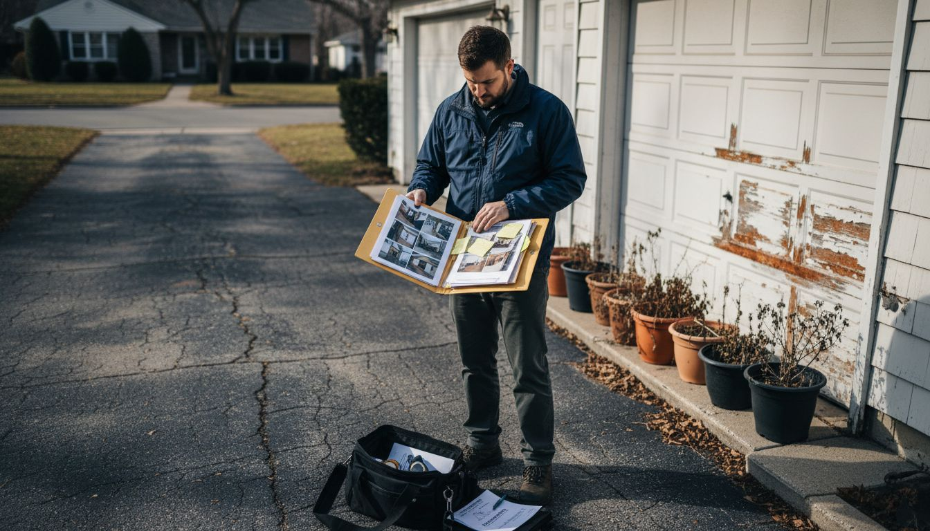 Insurance adjuster reviewing damage claim paperwork