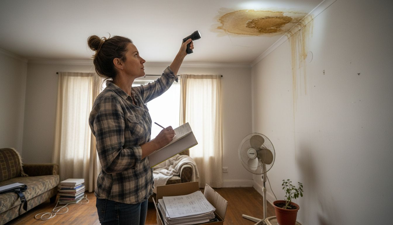 Mujer revisando manchas de humedad en el salón de su casa