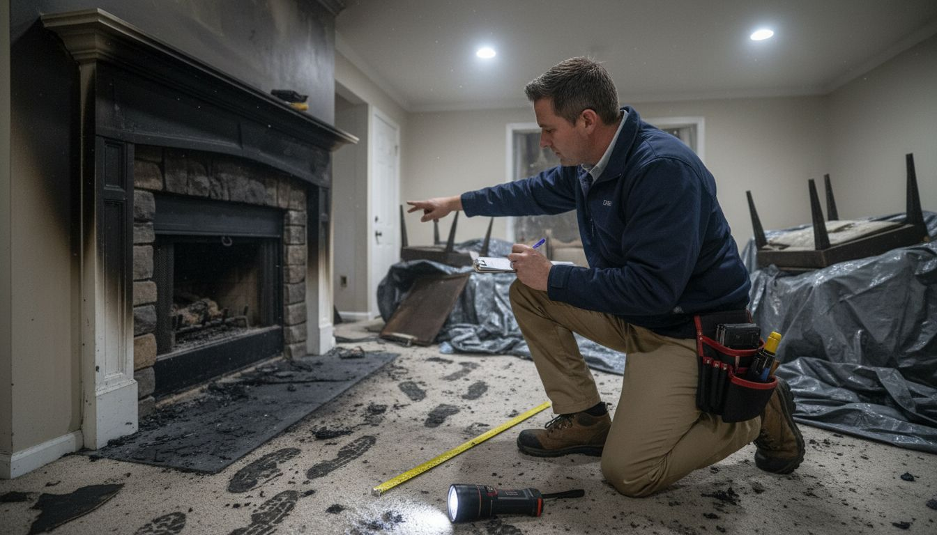 Insurance adjuster recording fire damage