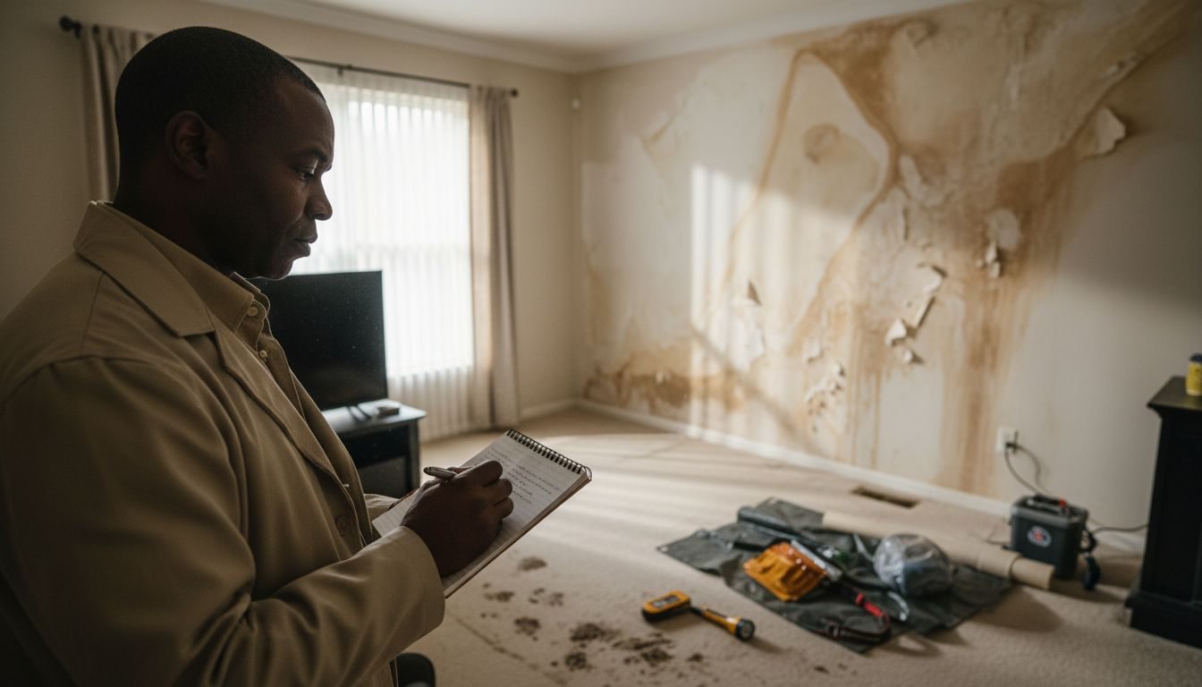 Perito de seguros inspeccionando los daños en una vivienda
