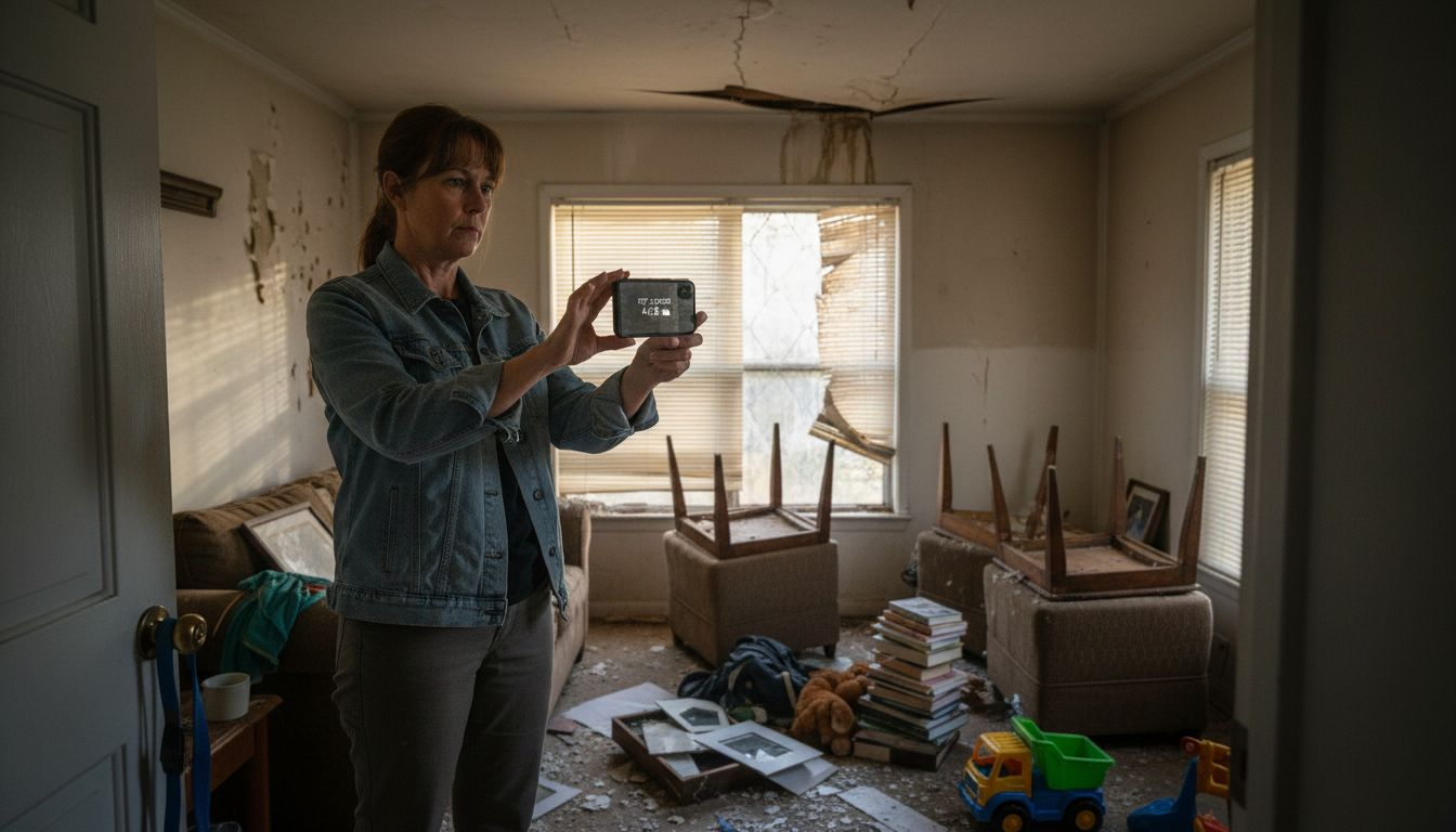 Woman photographing damaged living room for claims