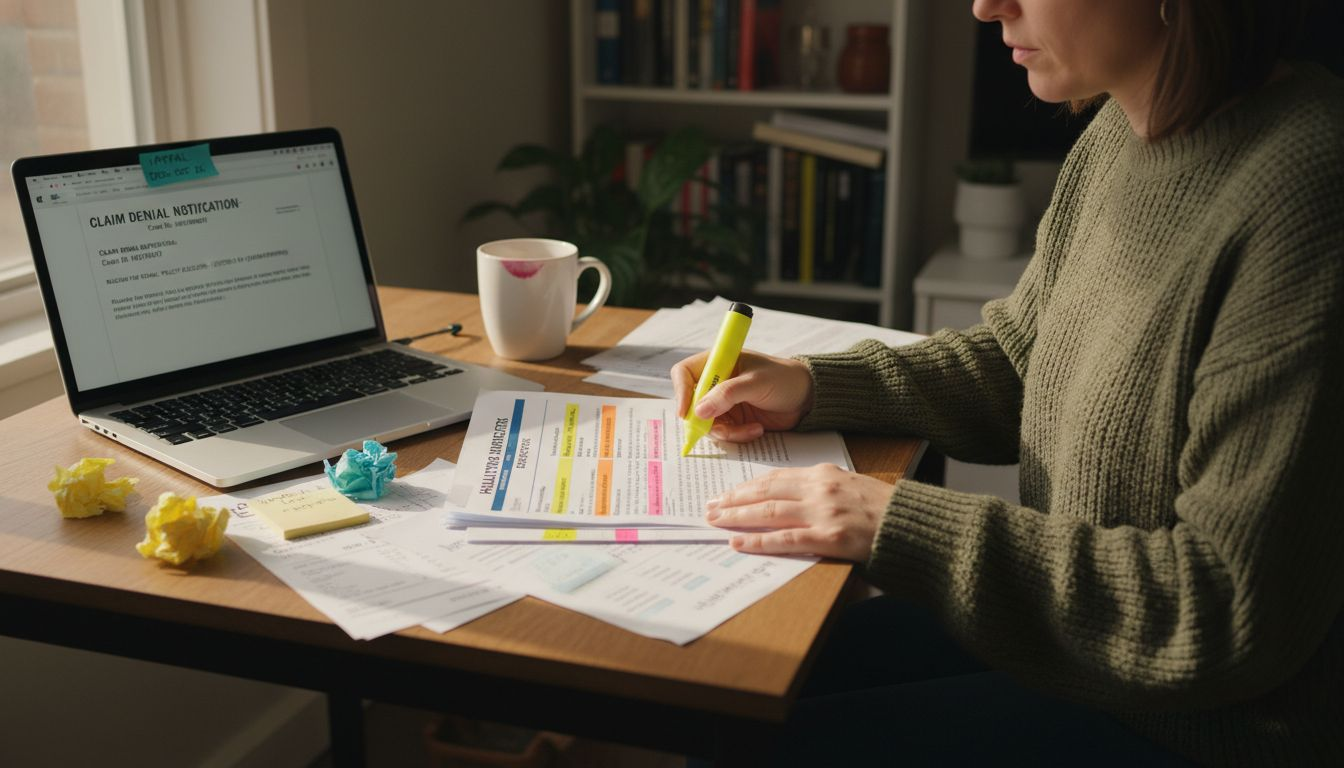 Woman highlighting insurance policy at home