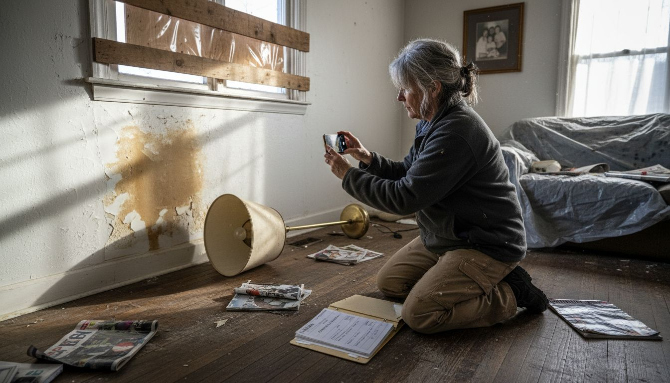 Homeowner photographing storm damage for insurance