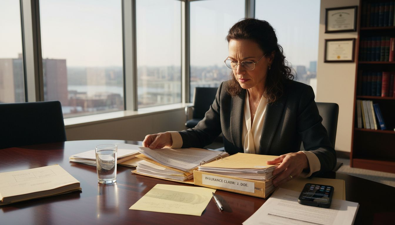Lawyer reviewing insurance claim paperwork