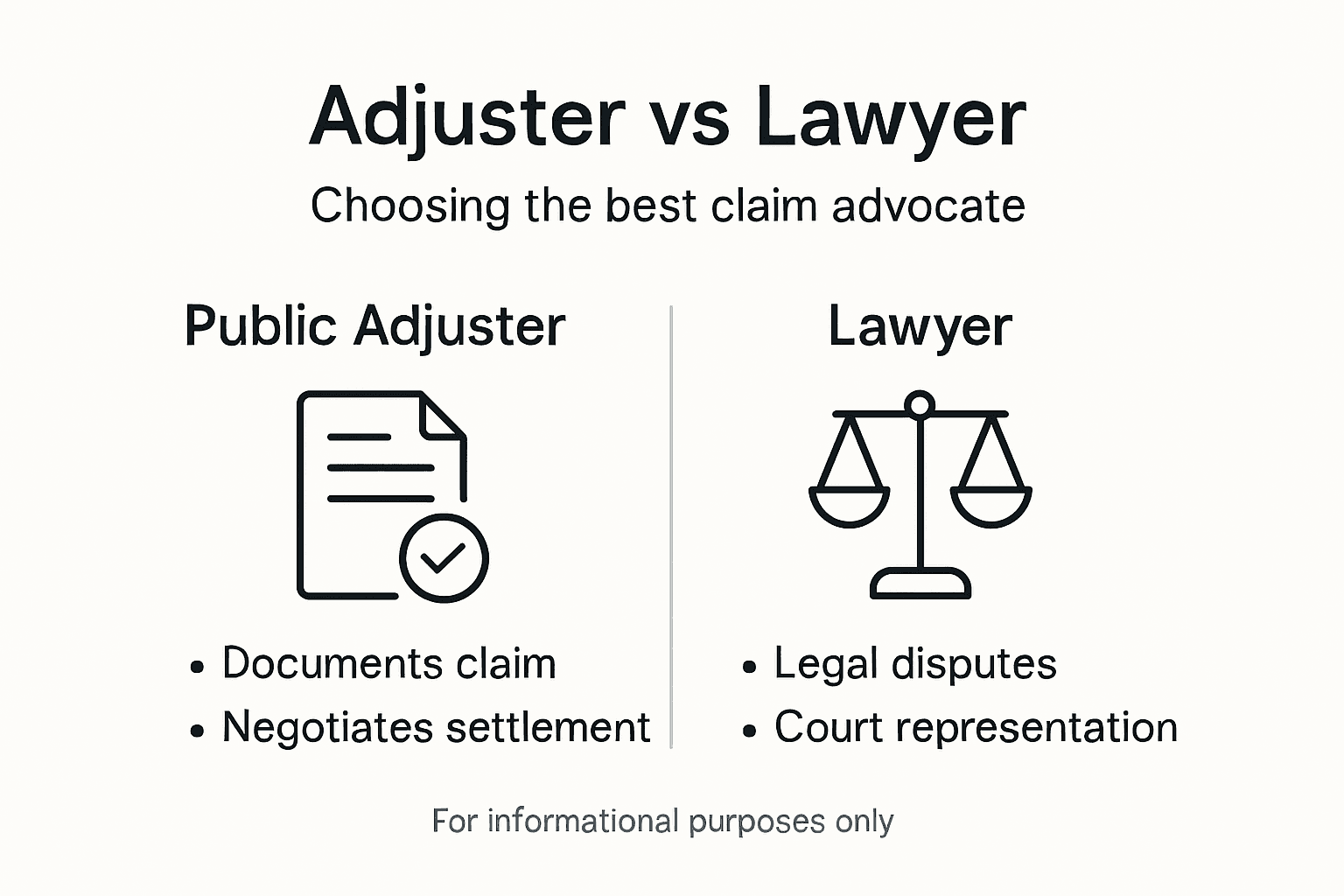 Comparison infographic for public adjuster vs lawyer