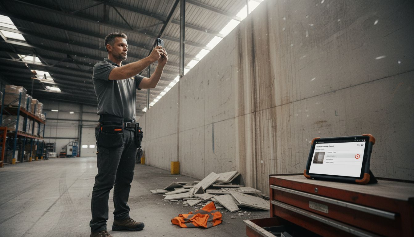 Manager photographing damage in warehouse environment