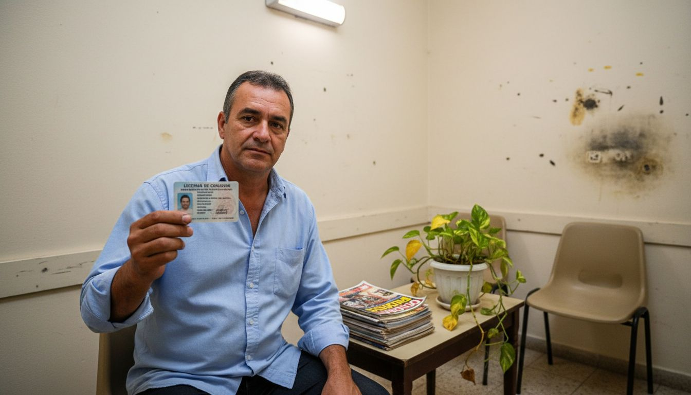 Ajustador mostrando su credencial en la sala de espera