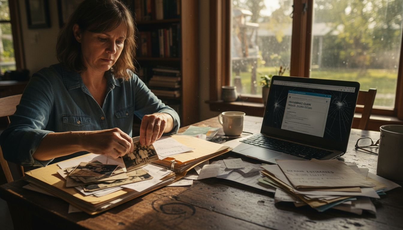 Woman organizing claim evidence at kitchen table