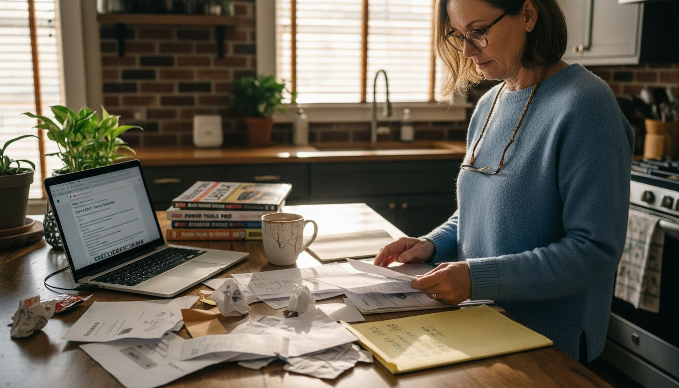 Homeowner sorting insurance paperwork in kitchen