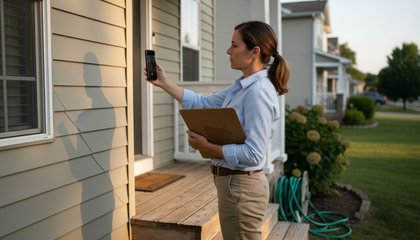 Insurance adjuster inspecting residential property damage
