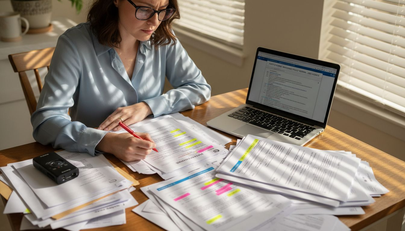 Reviewing insurance documents at home table
