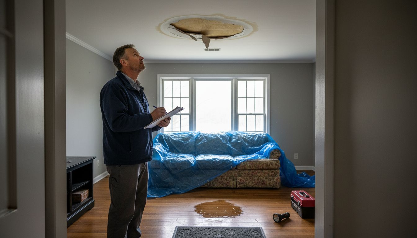 Insurance adjuster assessing storm damage in home