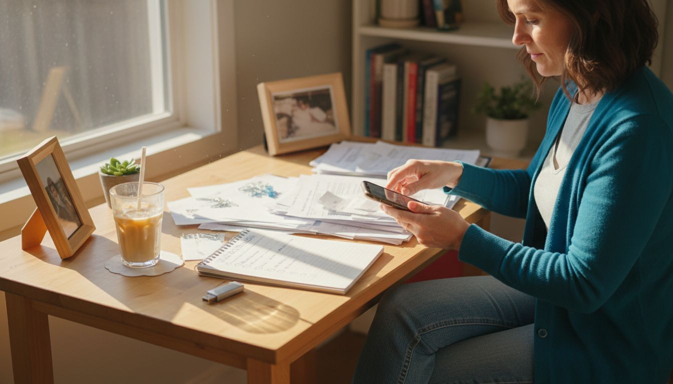 Woman organizing insurance documents at desk