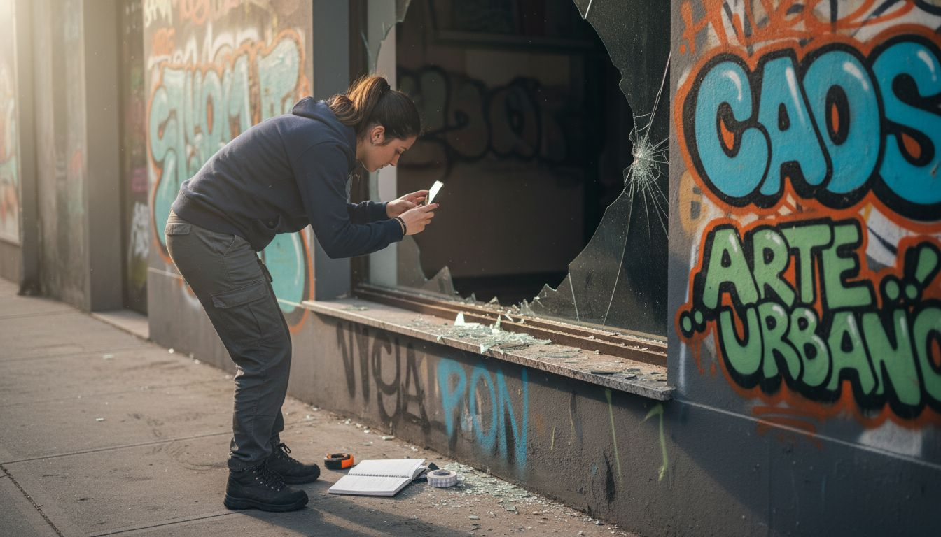Perito de seguros realizando un informe sobre los daños ocasionados por actos vandálicos en un establecimiento