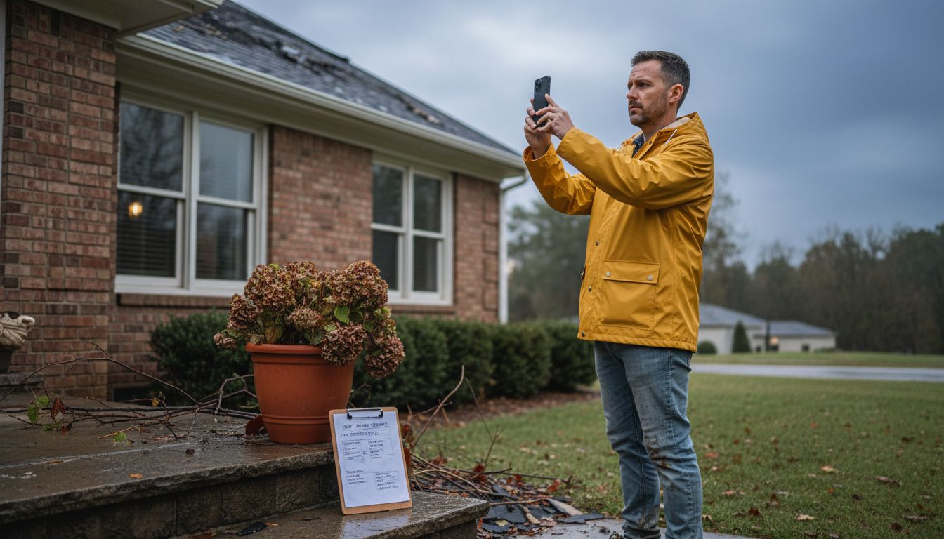 Homeowner documenting roof damage after storm