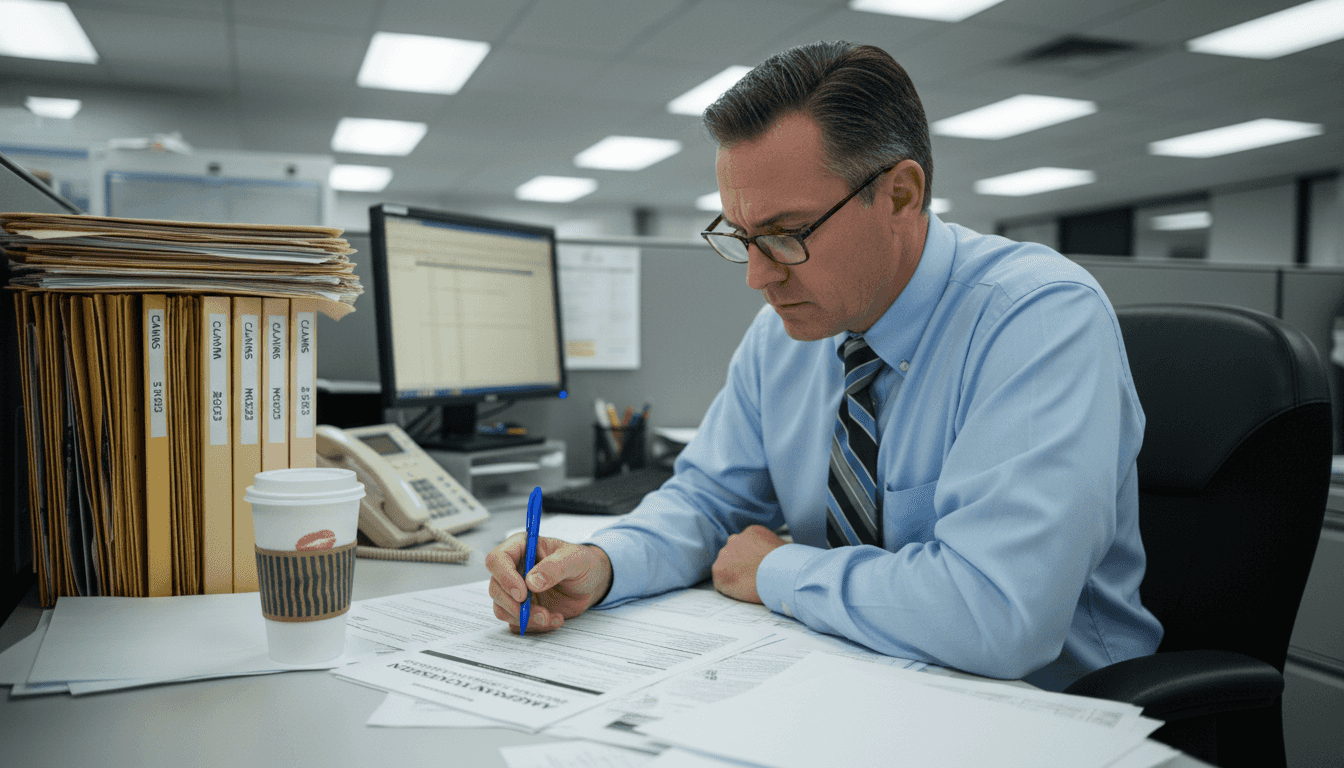 Company adjuster working with insurance claim forms