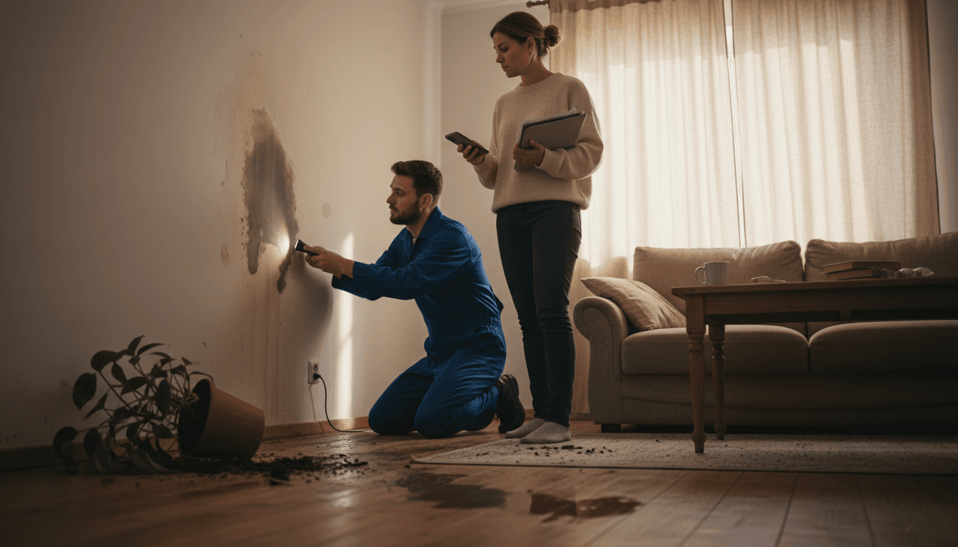 La dueña de la vivienda y el técnico inspeccionan los desperfectos en la casa.